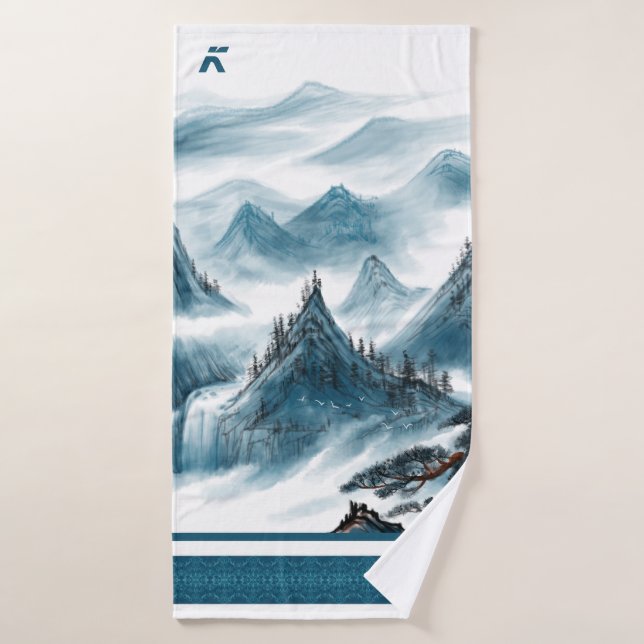 Classic Blue White Chinoiserie Mountains Painting  Bath Towel Set (Bath Towel)