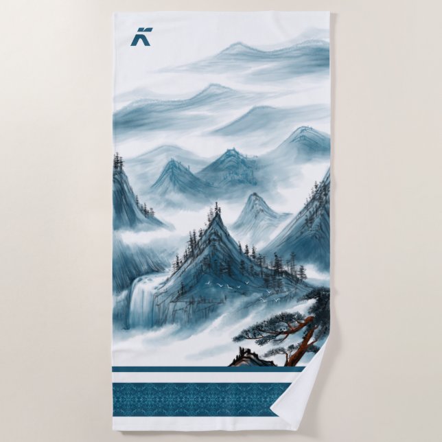 Classic Blue White Chinoiserie Mountains Painting Beach Towel (Front)