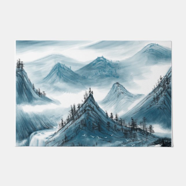 Classic Blue White Chinoiserie Mountains Painting Doormat (Front)