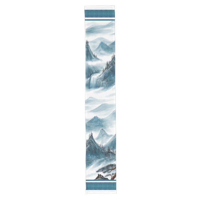 Classic Blue White Chinoiserie Mountains Painting Long Table Runner (Front)