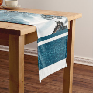 Classic Blue White Chinoiserie Mountains Painting Short Table Runner