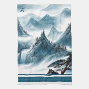 Classic Blue White Chinoiserie Mountains Painting Tea Towel