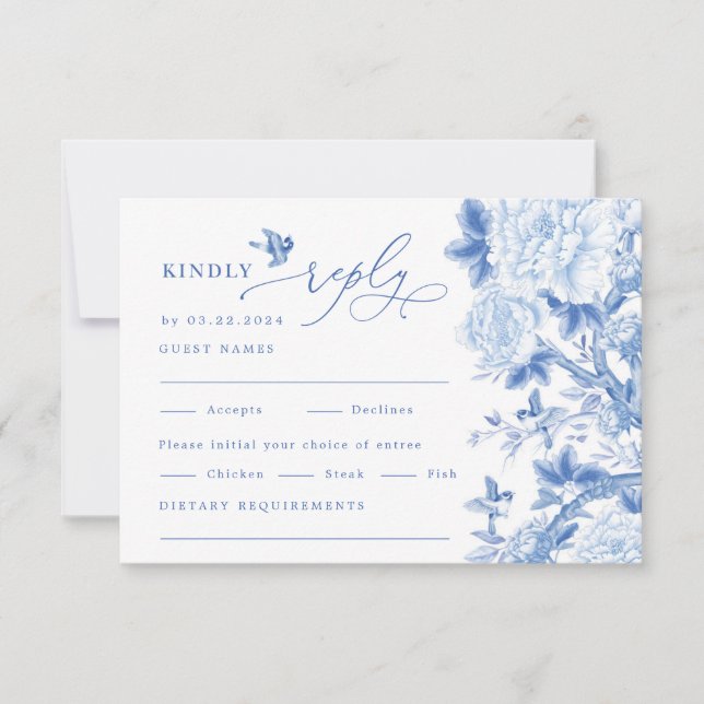 Classic Blue White Chinoiserie Wedding RSVP Card (Front)