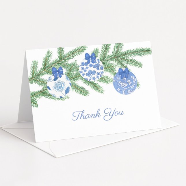 Classic Blue White Christmas Baubles Bridal Shower Thank You Card (Blue and white chinoiserie baubles holiday theme thank you card)