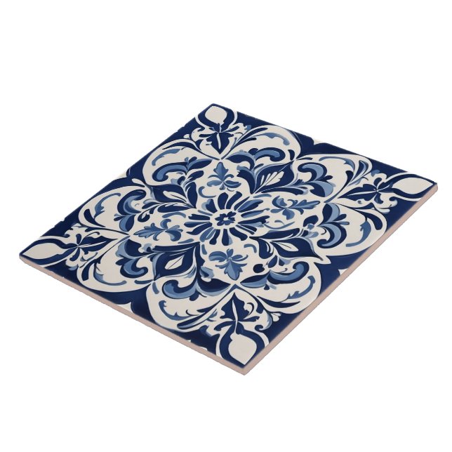 Classic Blue & White Geometric Art Ceramic Tile (Side)