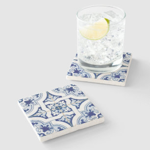 Classic Blue & White Geometric Tile Look Stone Coaster