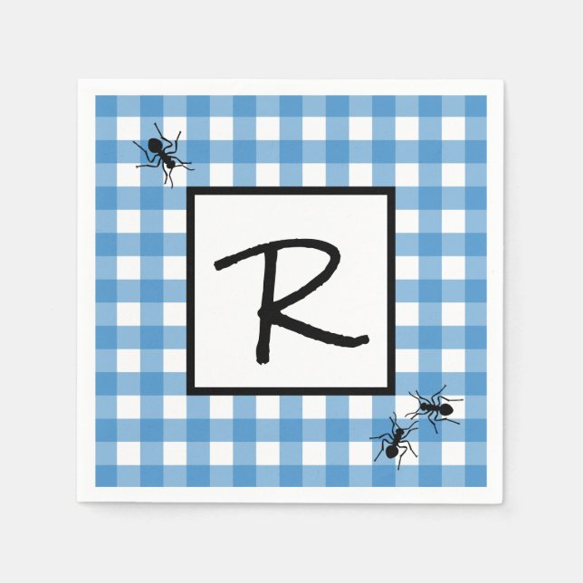 Classic Blue White Gingham Ants BBQ Picnic Napkin (Front)