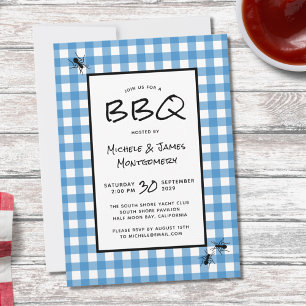 Classic Blue White Gingham Ants BBQ Picnic Party Invitation