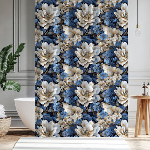 Classic Blue White Ivory Floral Bath Shower  Curtain