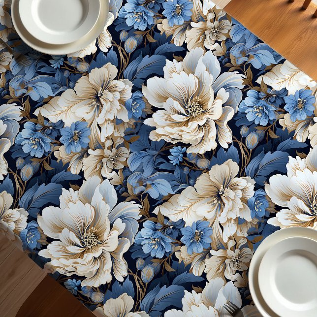 Classic Blue White Ivory Floral Dining Tablecloth (Classic Blue White Ivory Floral Dining Tablecloth)