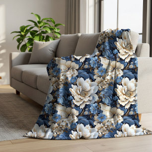Classic Blue White Ivory Floral Warm Sherpa Blanket
