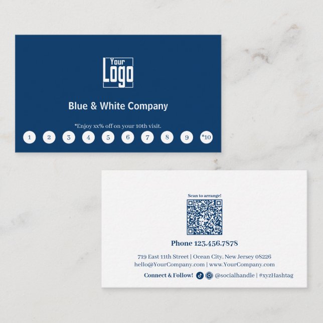 Classic Blue & White Logo Social Media QR Code Loyalty Card (Front/Back)