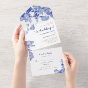 Classic Blue & White Lotus Floral Chinoiserie   All In One Invitation
