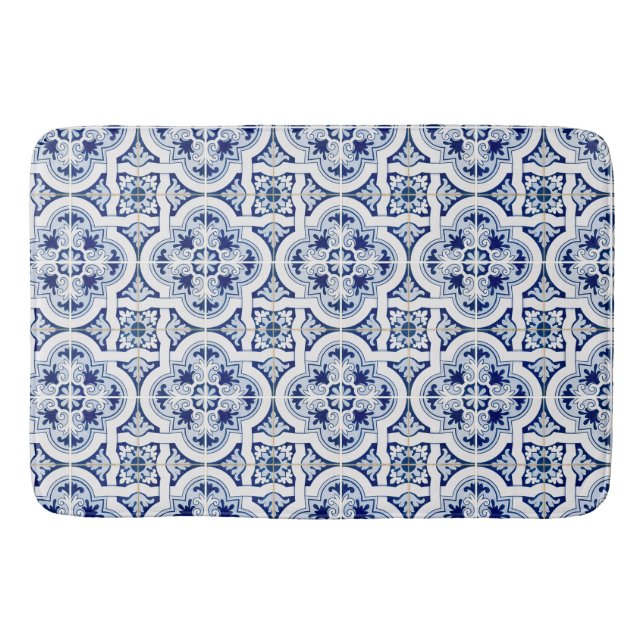 Classic Blue & White Mediterranean Tile Look Bath Mat (Front)