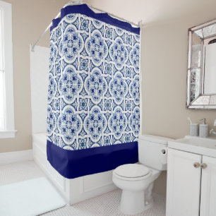 Classic Blue & White Mediterranean Tile Look Shower Curtain