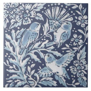 Classic Blue White Ornate 3 Birds Forest Floral Ceramic Tile