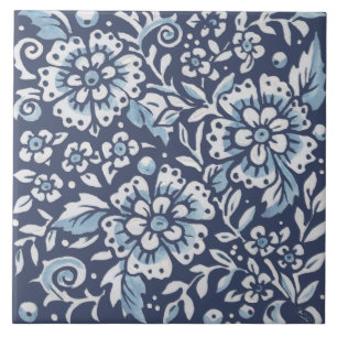 Classic Blue White Ornate Flowers Floral Art Ceramic Tile