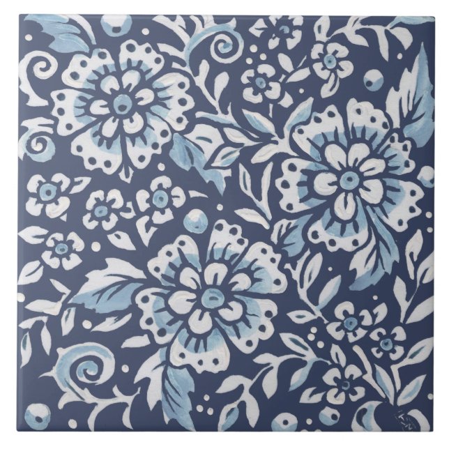 Classic Blue White Ornate Flowers Floral Art Ceramic Tile (Front)