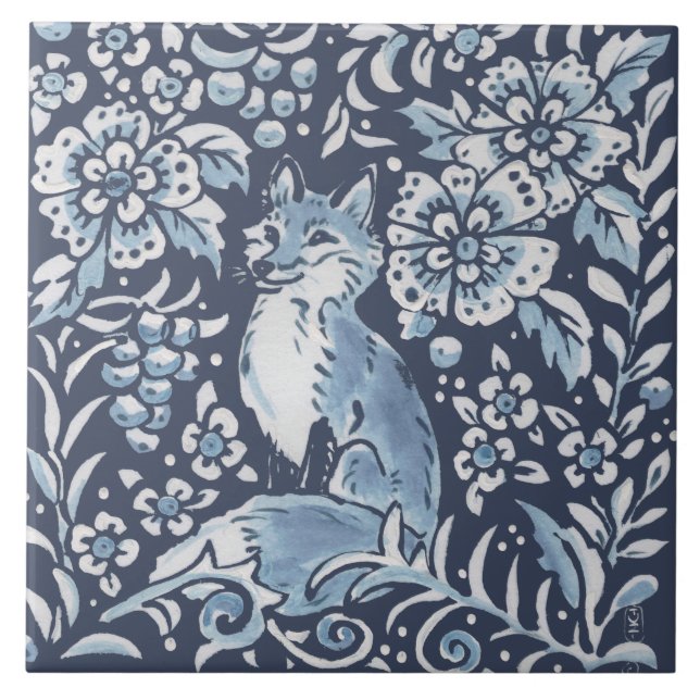 Classic Blue White Ornate Fox Forest Floral Art Ceramic Tile (Front)