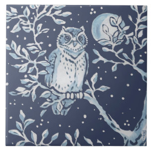 Classic Blue White Ornate Owl, Forest Night  Art Ceramic Tile