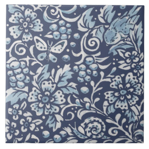 Classic Blue White Ornate Snail Bird Forest Floral Ceramic Tile