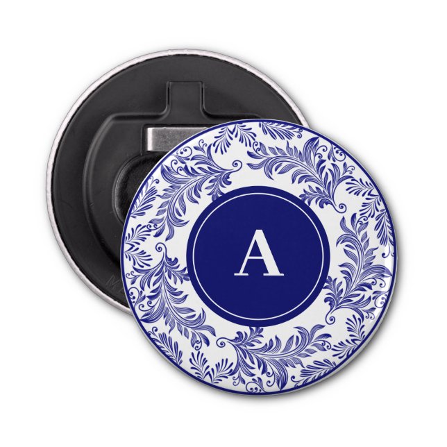 Classic Blue & White Pattern Monogram Initial Bottle Opener (Front)