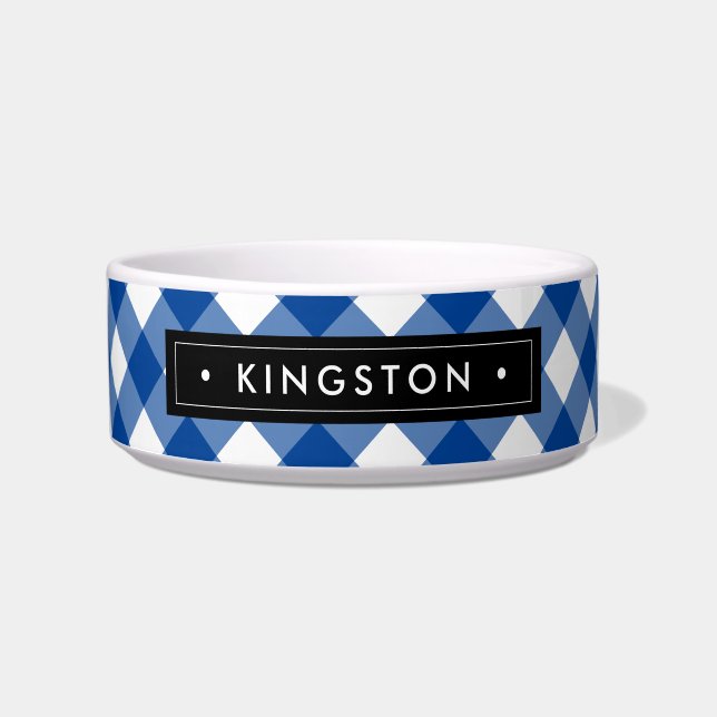 Classic Blue White Plaid | Personalised Pet Name  Bowl (Front)
