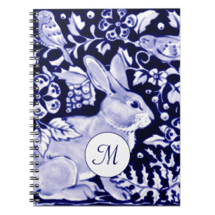 Classic Blue & White Rabbit & Bird Floral Monogram Notebook