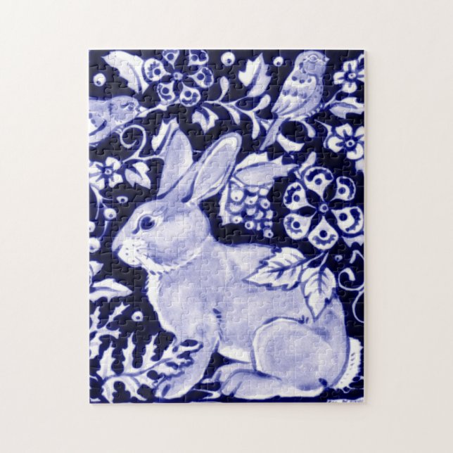 Classic Blue & White Rabbit & Birds Animal Floral Jigsaw Puzzle (Vertical)