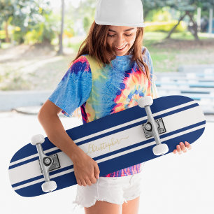 Classic Blue White Racing Stripes Gold Monogrammed Skateboard