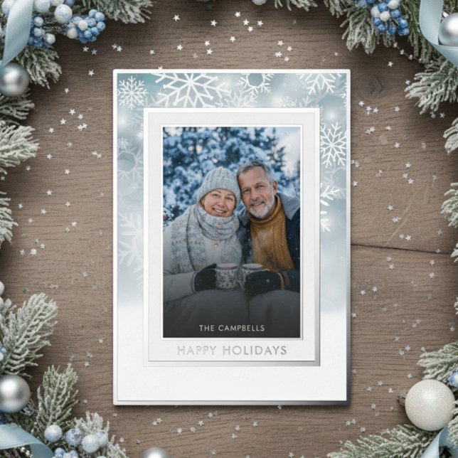 Classic Blue White Snowflake Happy Holidays Photo Foil Holiday Card (Creator Uploaded)