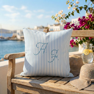 Classic Blue White Stripe Coastal Monogram Throw Cushion