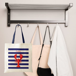 Classic blue white stripes with a red lobster name tote bag