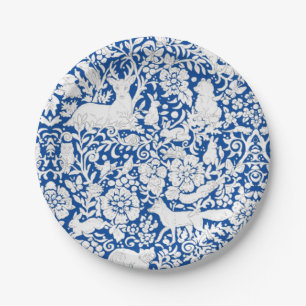 Classic Blue White Woodland Animals Fox Bunny Paper Plate