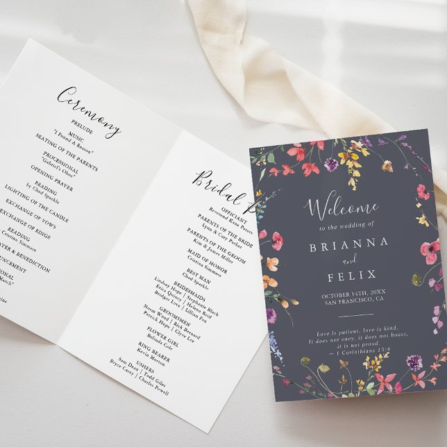 Classic Blue Wild Floral Folded Wedding  Program (Creator Uploaded)