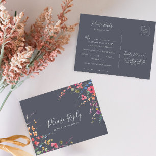 Classic Blue Wild Floral Menu Choice RSVP  Postcard