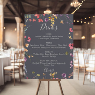 Classic Blue Wild Floral Wedding Drinks Menu  Poster