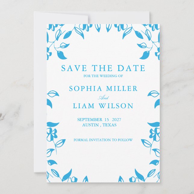 classic blue wild flowers wedding save the date invitation (Front)