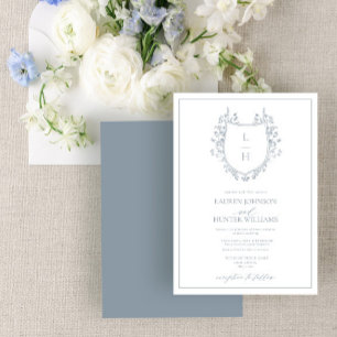 Classic Blue Wildflower Monogram Crest Wedding Invitation
