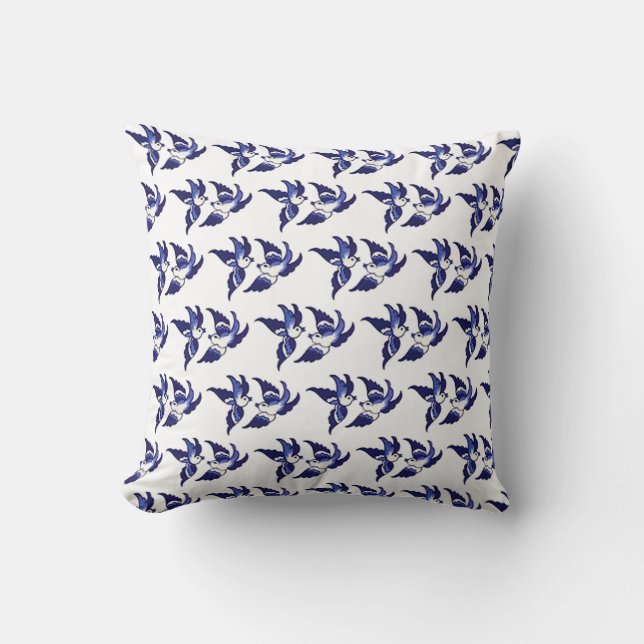 Classic Blue Willow Bird Design Cushion (Front)