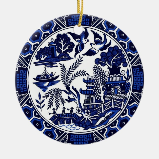 Classic Blue Willow China Design Ceramic Ornament (Front)