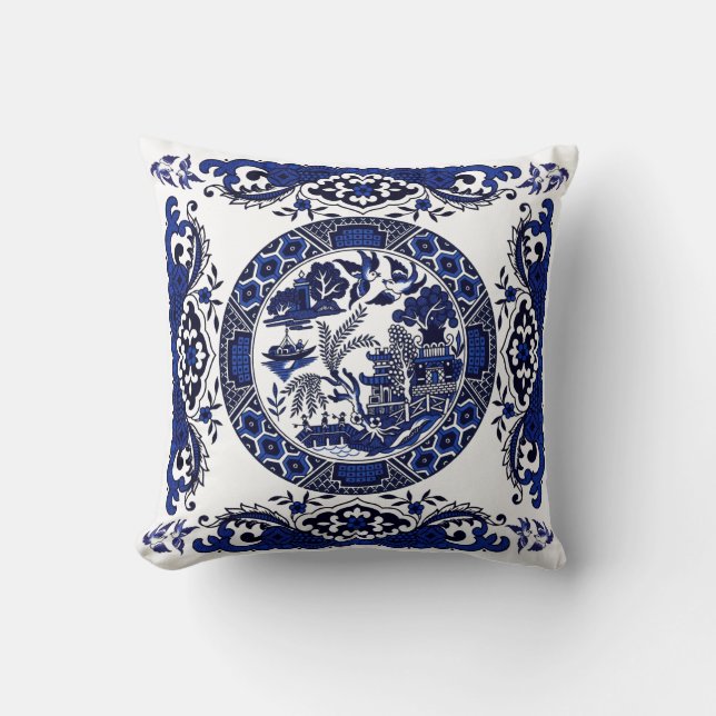 Classic Blue Willow China Design Cushion (Front)