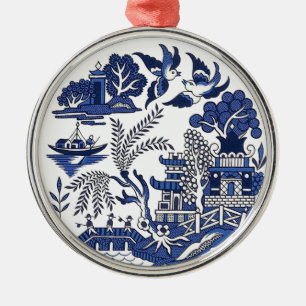 Classic Blue Willow Design Metal Ornament