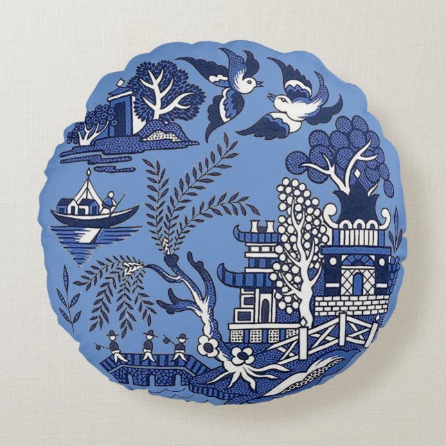 Classic Blue Willow Design Round Cushion (Front)