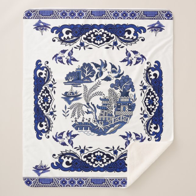 Classic Blue Willow Design Sherpa Blanket (Front)