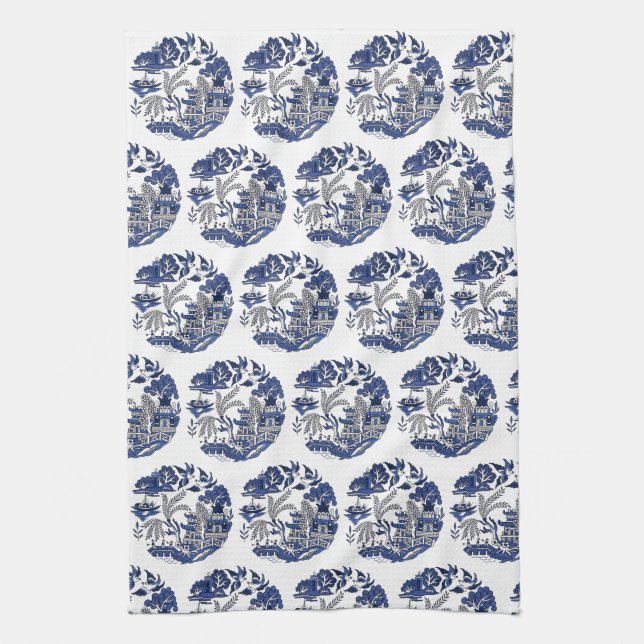 Classic Blue Willow Design Tea Towel (Vertical)