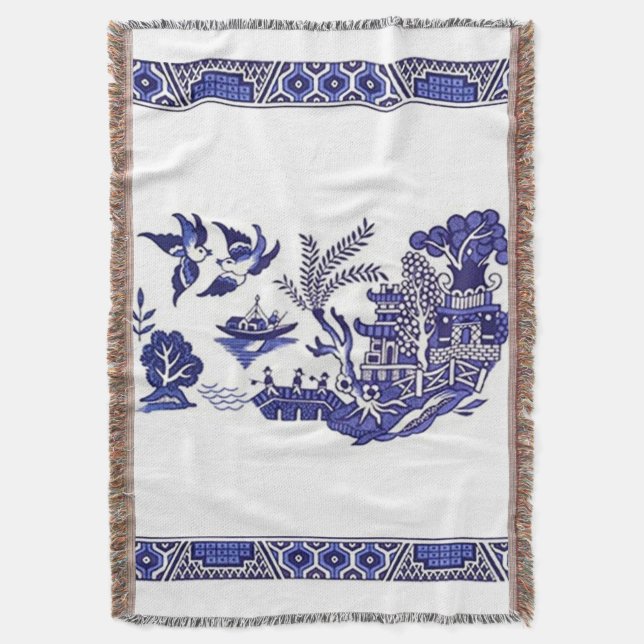 Classic Blue Willow Design Throw Blanket (Front Vertical)
