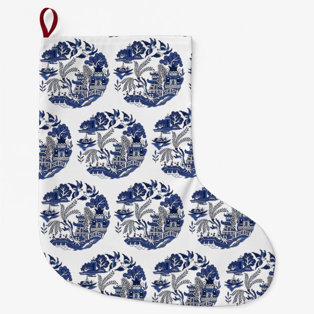 Classic Blue Willow Pattern Tiled Design Large Christmas Stocking (Front)