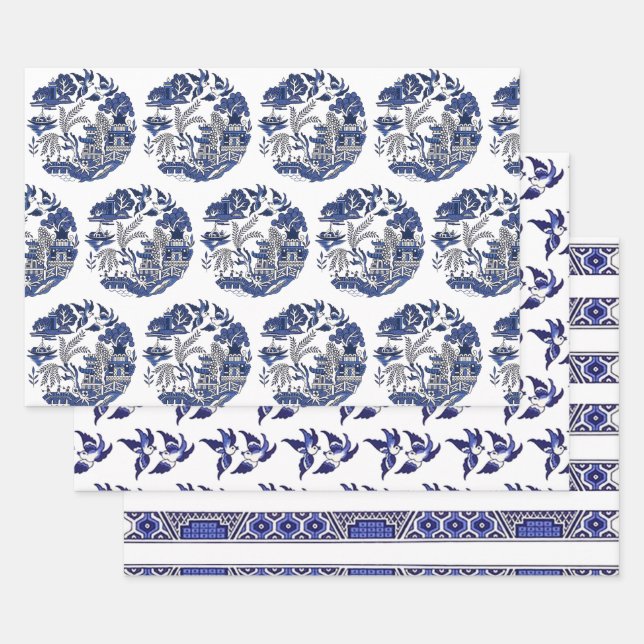 Classic Blue Willow Scene Stripe & Birds Wrapping Paper Sheet (Set)