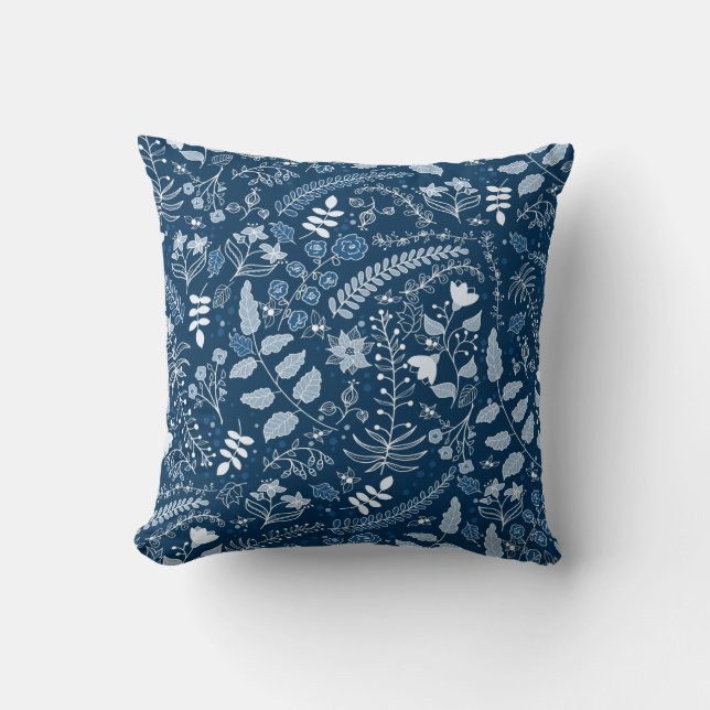 Classic Blues Hues | Boho Floral Cushion (Front)